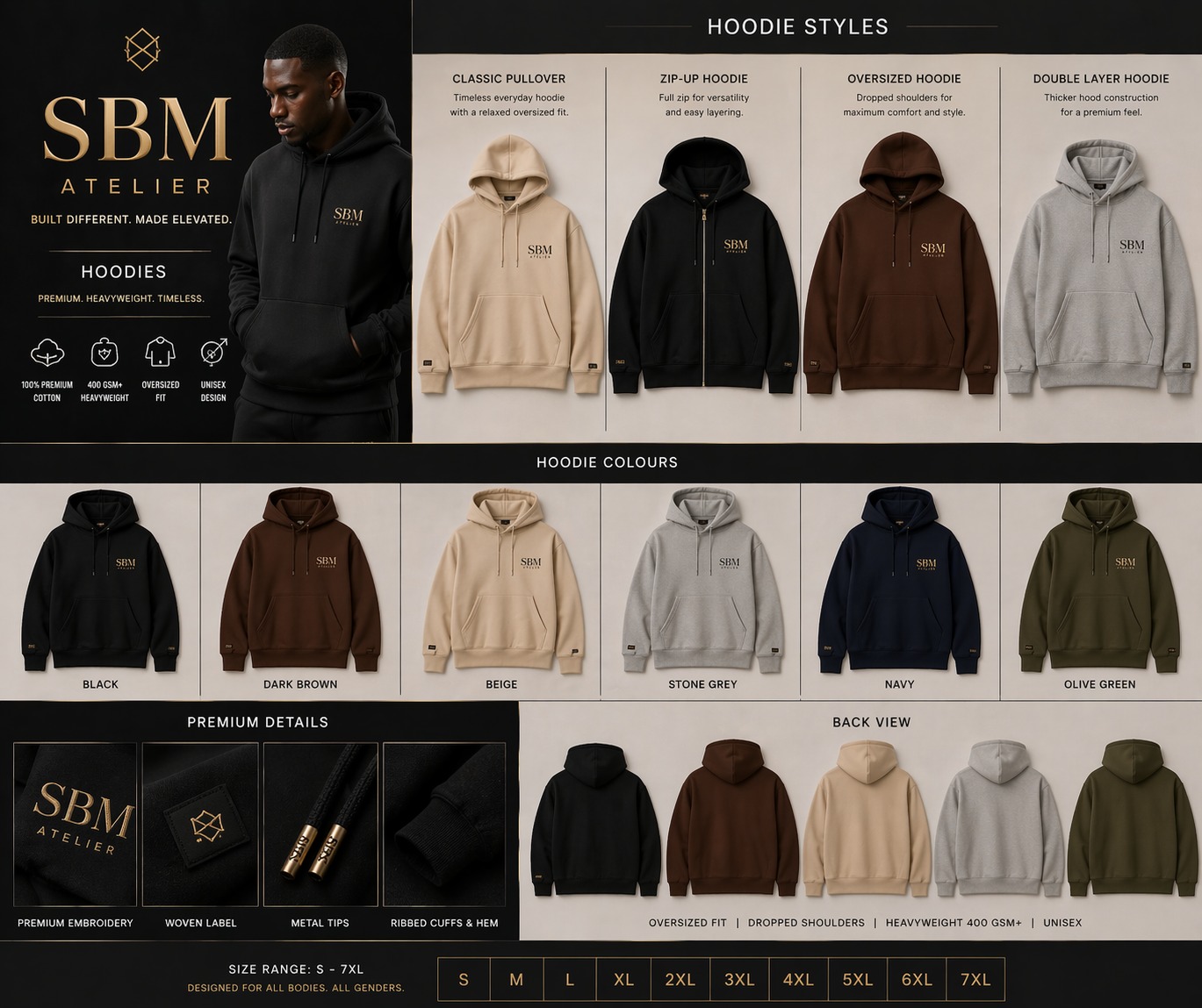 SBM Atelier hoodie styles and colour options